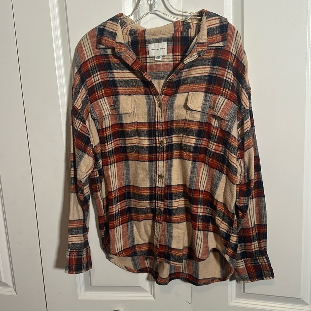 American Eagle soft plaid flannel shirt tan, red, navy w/ longer back hem, M